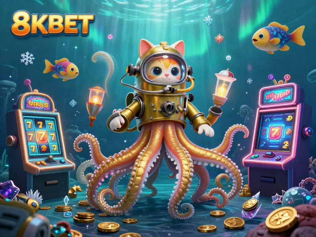 Spin and win with 8KBET's kraken-themed 3D casino adventure, showcasing vibrant slot machines and colorful treasures.