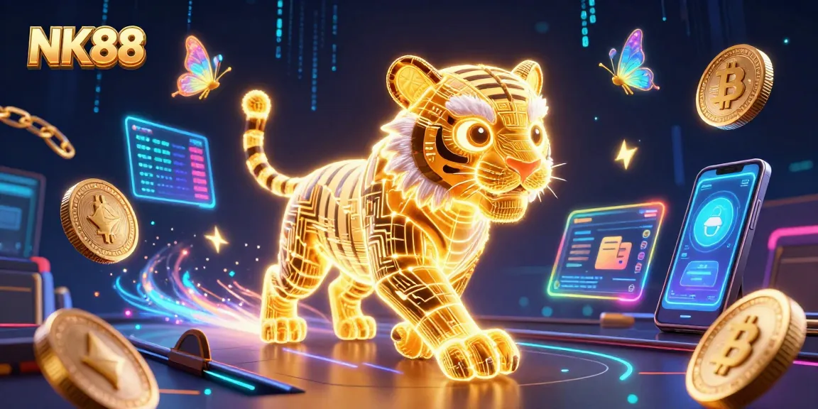 WIN at NK88 with the golden tiger prowling through a vibrant digital casino scene.