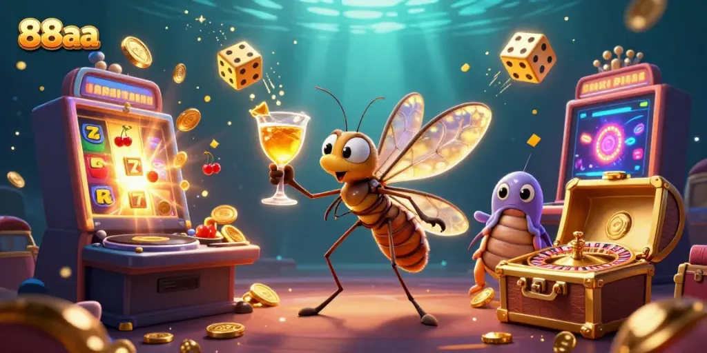 Experience the excitement of 88aa with a vibrant casino mascot, roulette wheel, and jackpot elements.