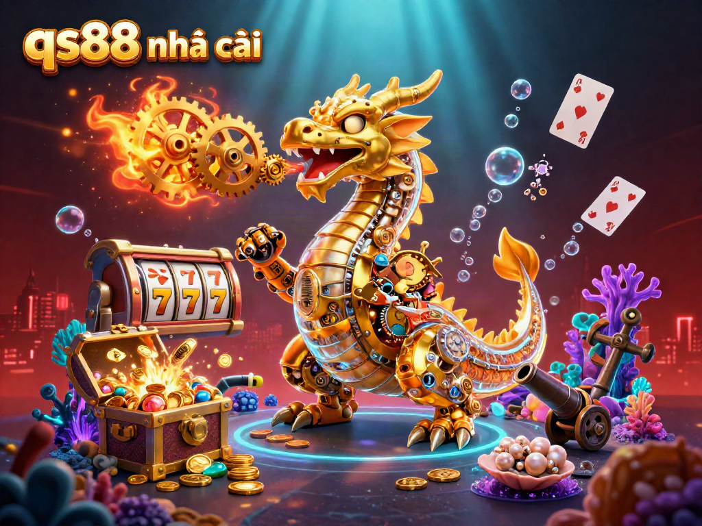 Engage with qs88 nhà cái featuring vibrant slot reels and a golden dragon in an exciting 3D scene.