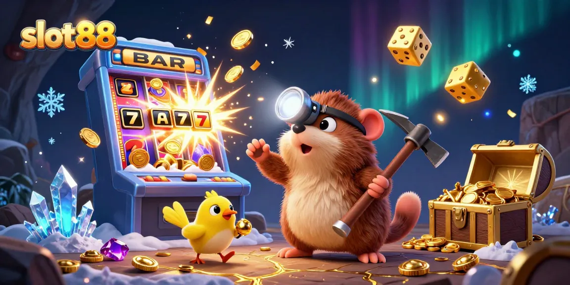 Engage with slot88's thrilling jackpot explosion surrounded by a treasure hunter mole in an enchanting cave.