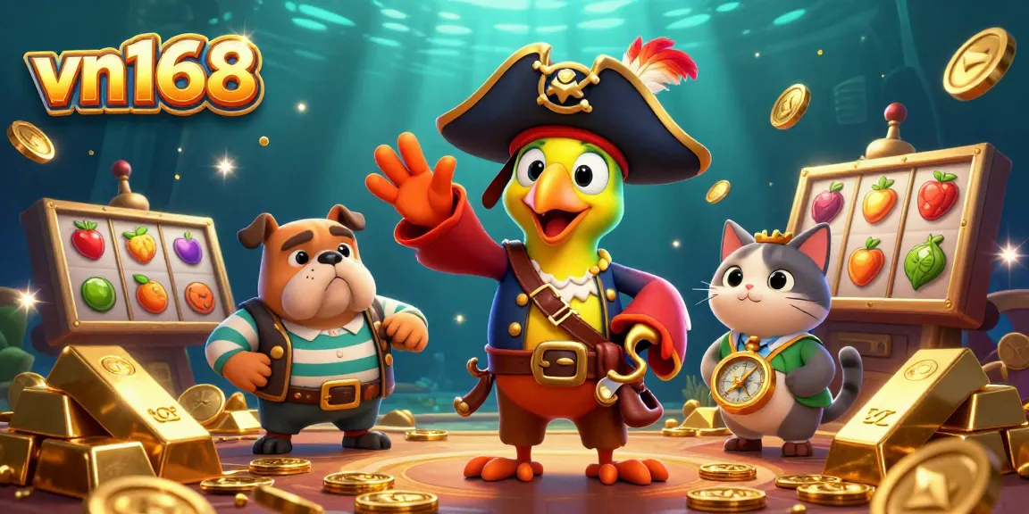 Experience thrilling wins at vn168 with vibrant slot machines, golden treasure, and vibrant casino characters.