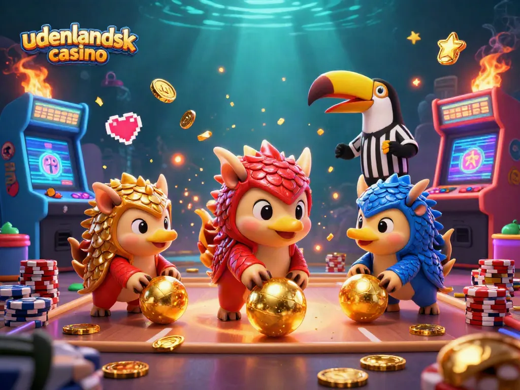 Engaging scene of pangolins in battle at a udenlandsk casino with golden balls, poker chips, and arcade machines