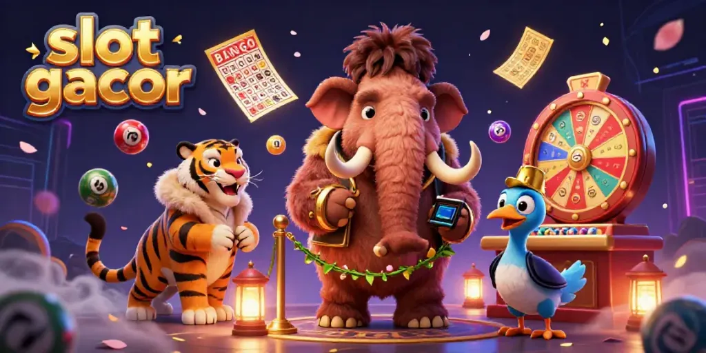 Engage with the vibrant world of slot gacor featuring a woolly mammoth bouncer, saber-tooth guest, and colorful game elements.