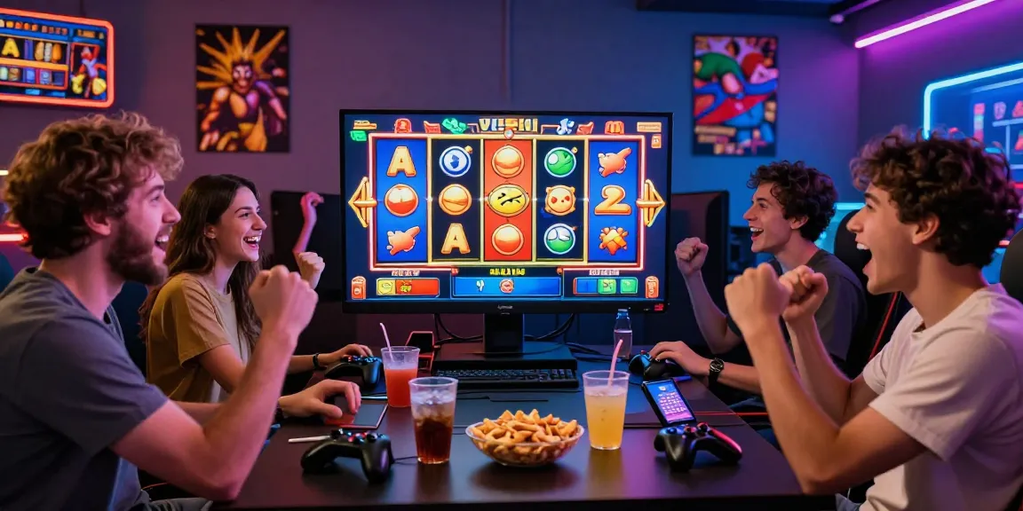 Friends enjoying an exciting slot online gaming session with vibrant visuals and snacks.