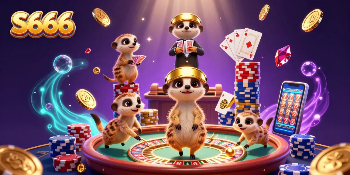 S666 casino illustration featuring meerkats engaging in dynamic gaming activity with cascading coins and roulette wheel.