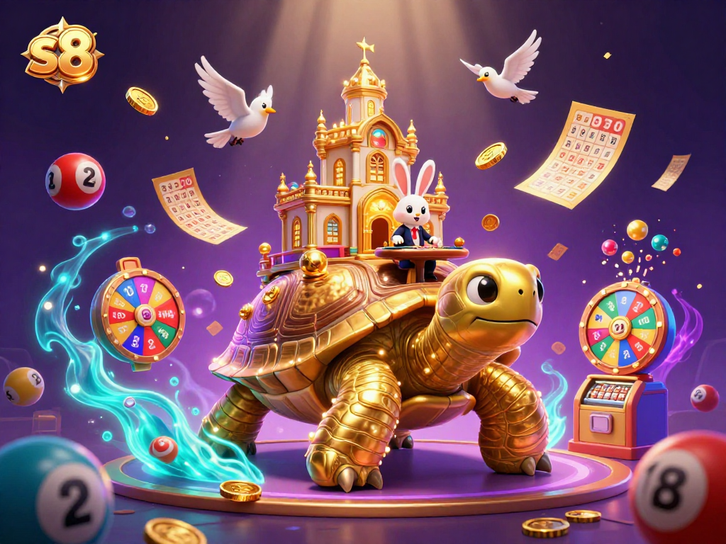 Engage in thrilling games at s8, featuring a dazzling 3D scene with colorful balls and casino elements.
