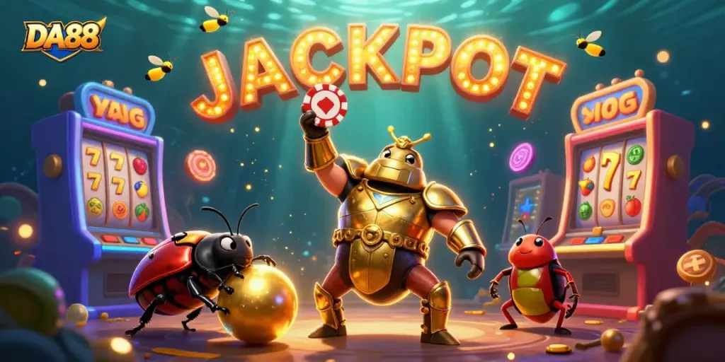 Players win big with DA88, showcased by a heroic beetle lifting a poker chip amidst vibrant casino themes.