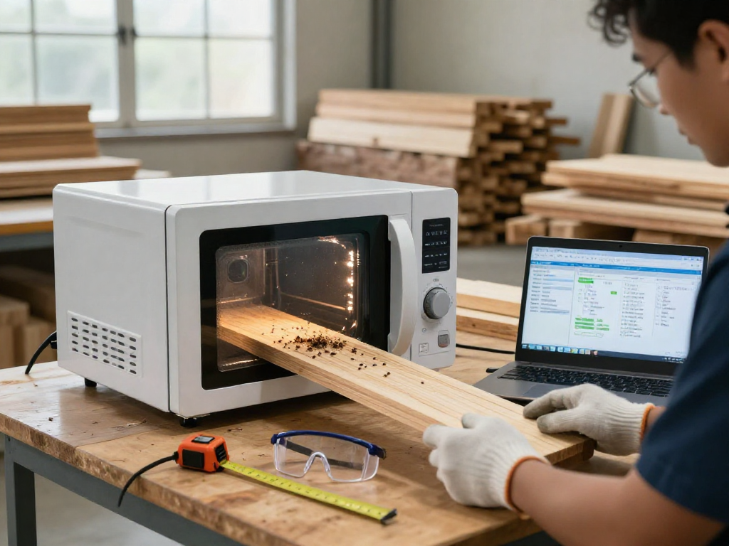 Shashel's microwave pest control technology eliminating wood pests in a workshop setting.