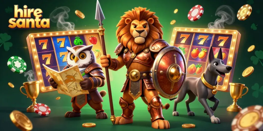 Engaging illustration depicting the hire santa theme with vibrant casino elements like slot reels and golden trophies.