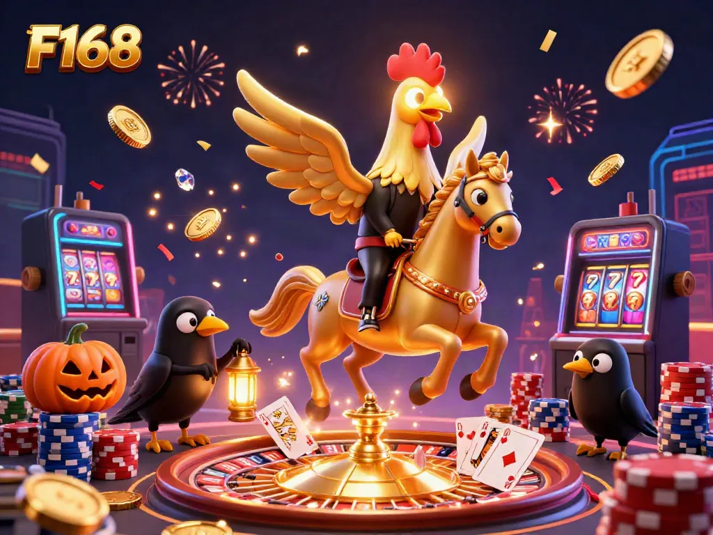 Experience the thrill of F168 with a golden rooster riding through a vibrant casino scene, casting dazzling coins.