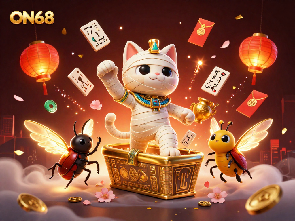 Experience ON68 with a vibrant casino scene featuring an Egyptian mummy cat and golden elements.