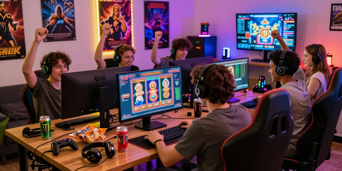 Exciting moment at an online casino with players celebrating their slot gacor wins, showcasing vibrant atmosphere and gaming accessories.