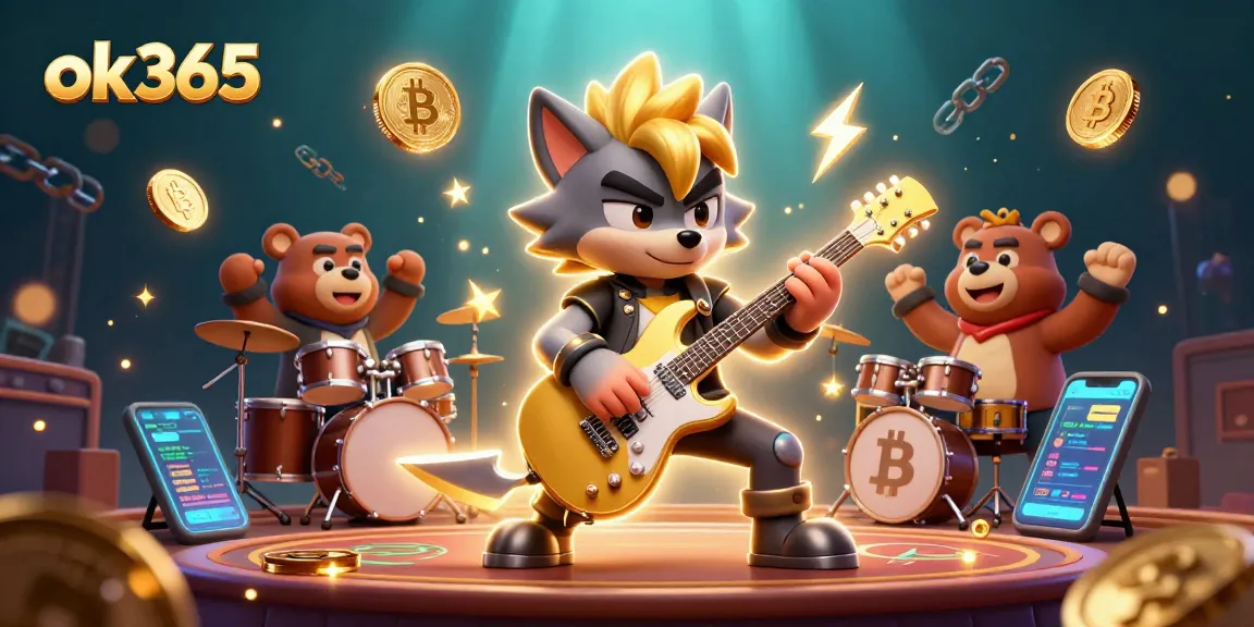 Experience thrilling action at ok365 with a cartoon rock star and drummer on a vibrant casino stage.