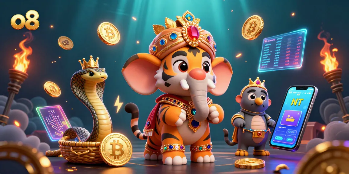 Experience thrilling gameplay at o8, featuring a vibrant 3D scene of a tiger, elephant, and crypto coins.