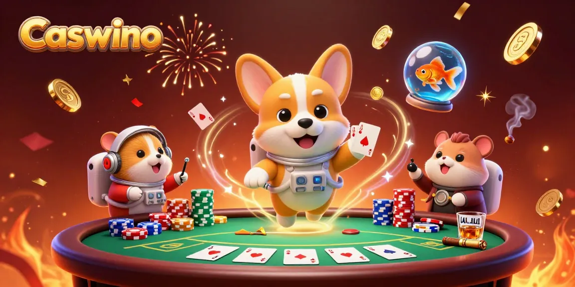 Experience Caswino’s vibrant cosmic gaming atmosphere with a boundless corgi, hamster, and goldfish.