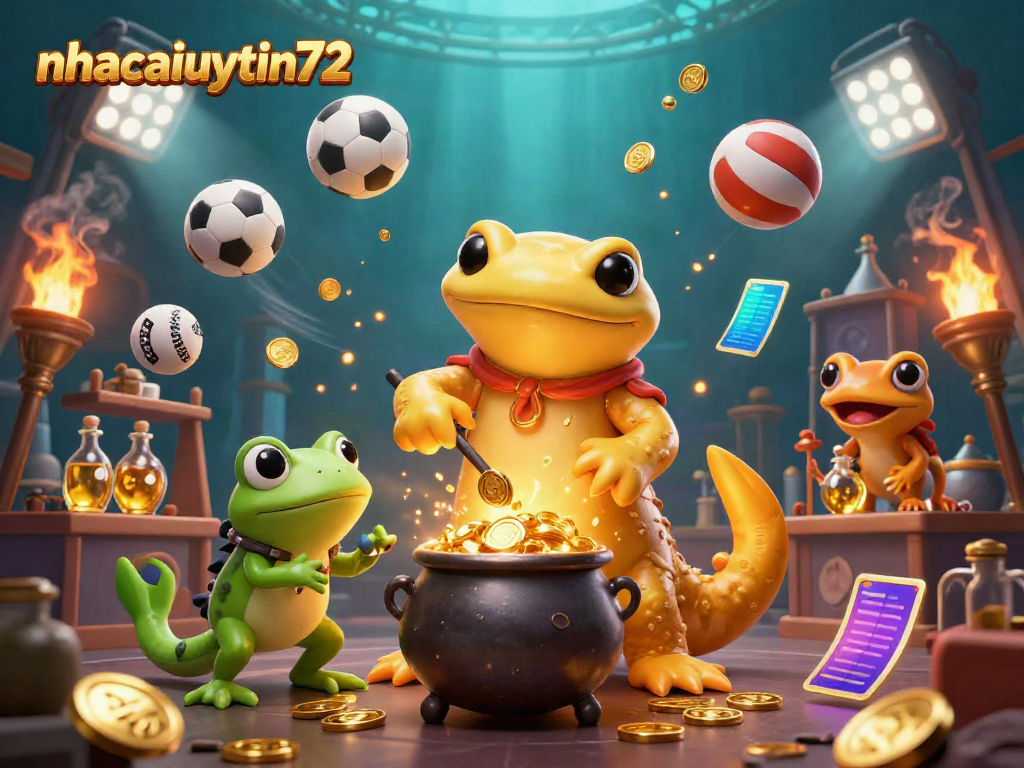 Experience dynamic sports betting action with nhacaiuytin72, featuring glowing alchemist characters and exciting games.