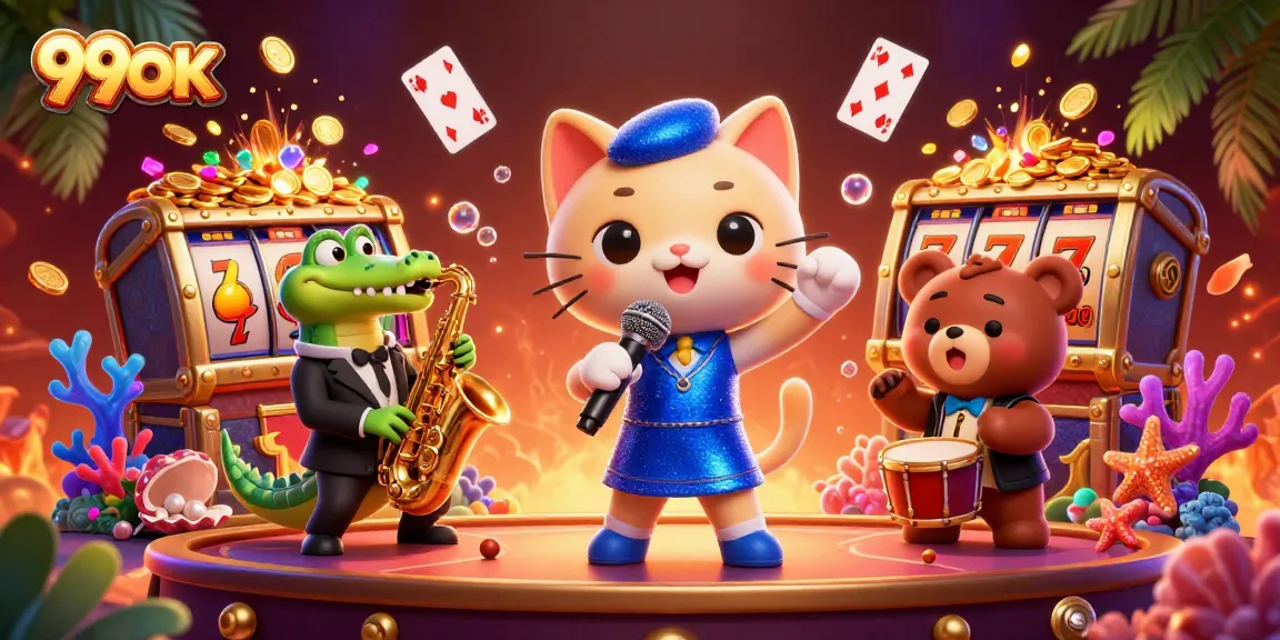Experience thrilling 99OK gameplay with our vibrant casino-themed 3D illustration featuring animated characters.