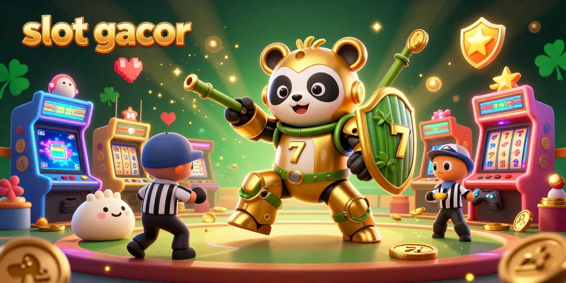 Engage in slot gacor gaming with a vibrant 3D battle featuring a golden panda robot amidst casino elements.