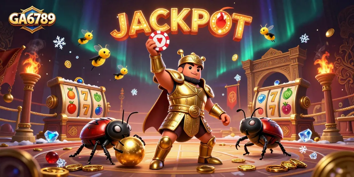 GA6789 showcases an epic casino scene with a heroic beetle celebrating a jackpot win.