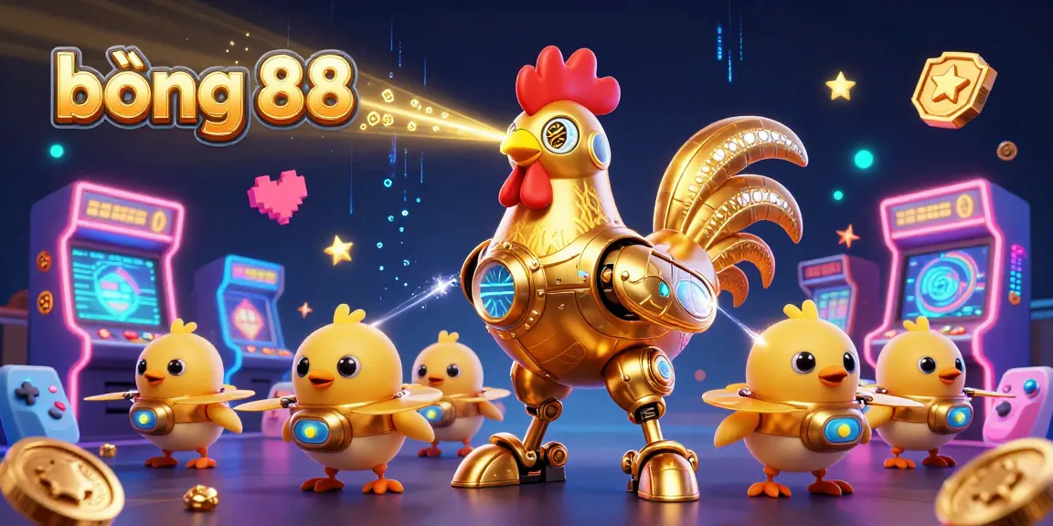 Experience winning with bóng 88 as golden rooster robot and baby chick drones illuminate casino gaming.