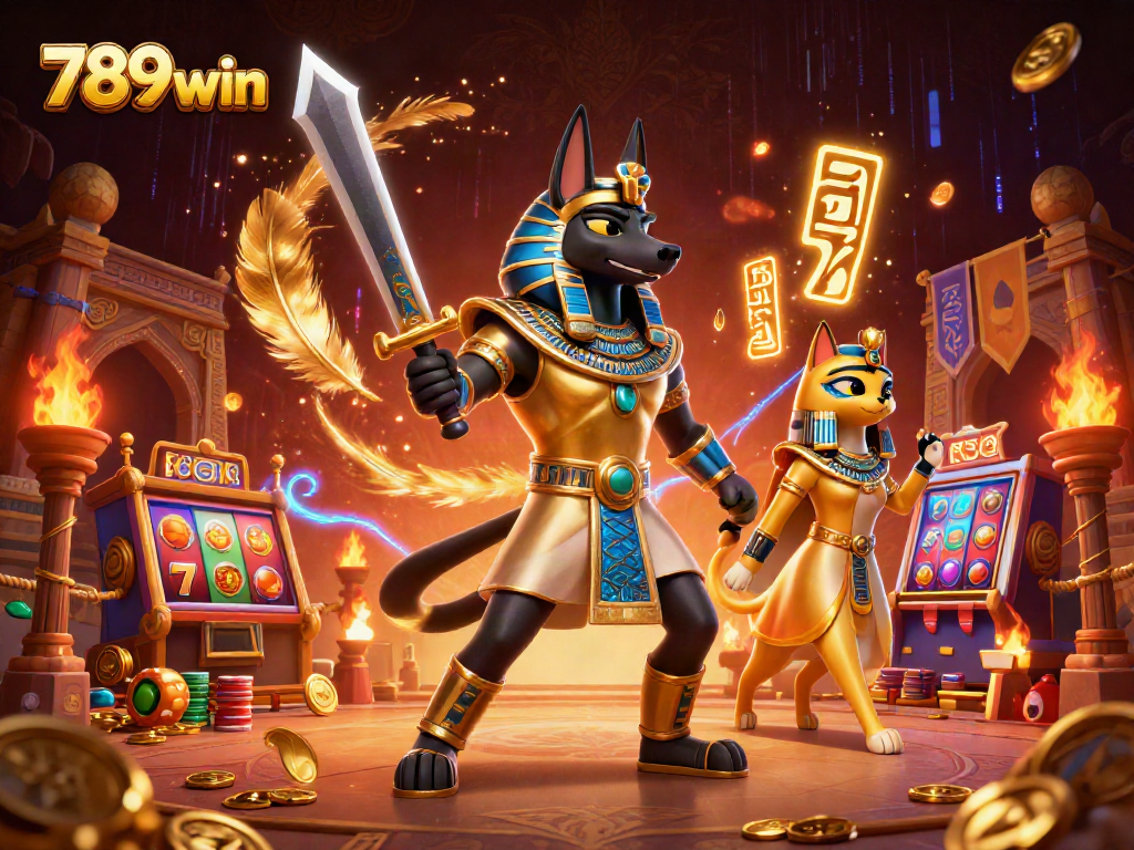Engage with 789win's thrilling gaming adventure featuring Anubis and Bastet amidst vibrant casino elements.