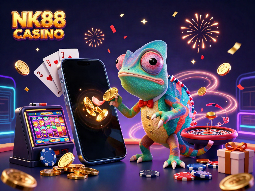 Experience excitement at NK88 CASINO with a vibrant chameleon owner surrounded by dynamic gaming elements.