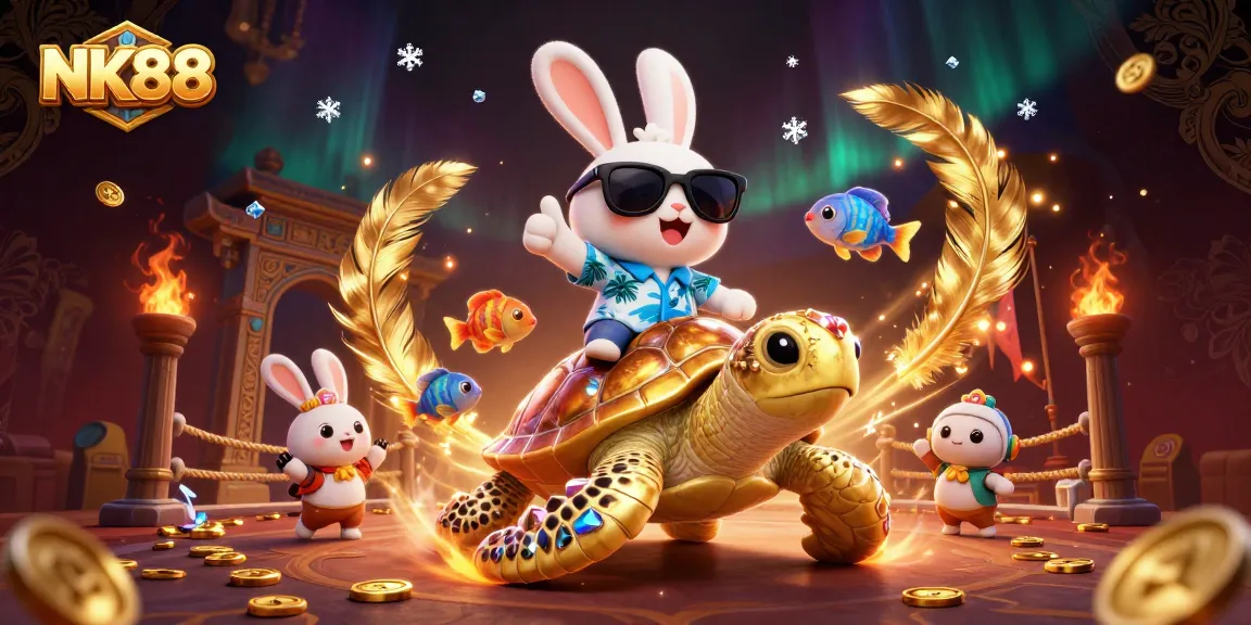 Experience thrilling gameplay at NK88 with a cartoon rabbit and golden turtle in a vibrant casino scene.