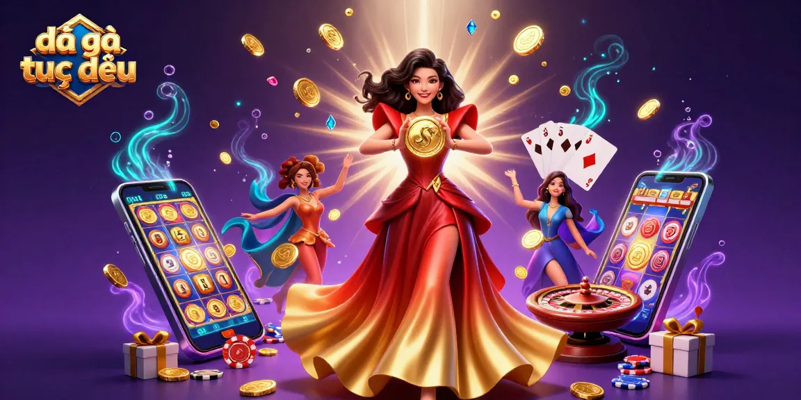 Engage in đá gà trực tiếp with a gorgeous Asian woman holding a golden coin and a vibrant casino illustration.