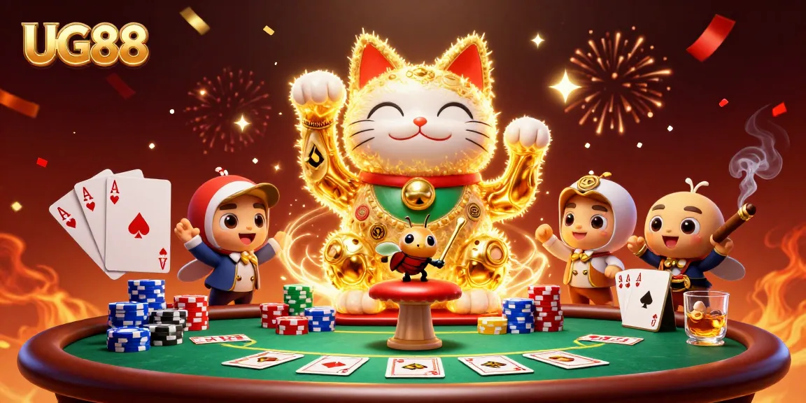Experience the excitement at UG88 with a lucky cat and engaging casino elements in 3D.