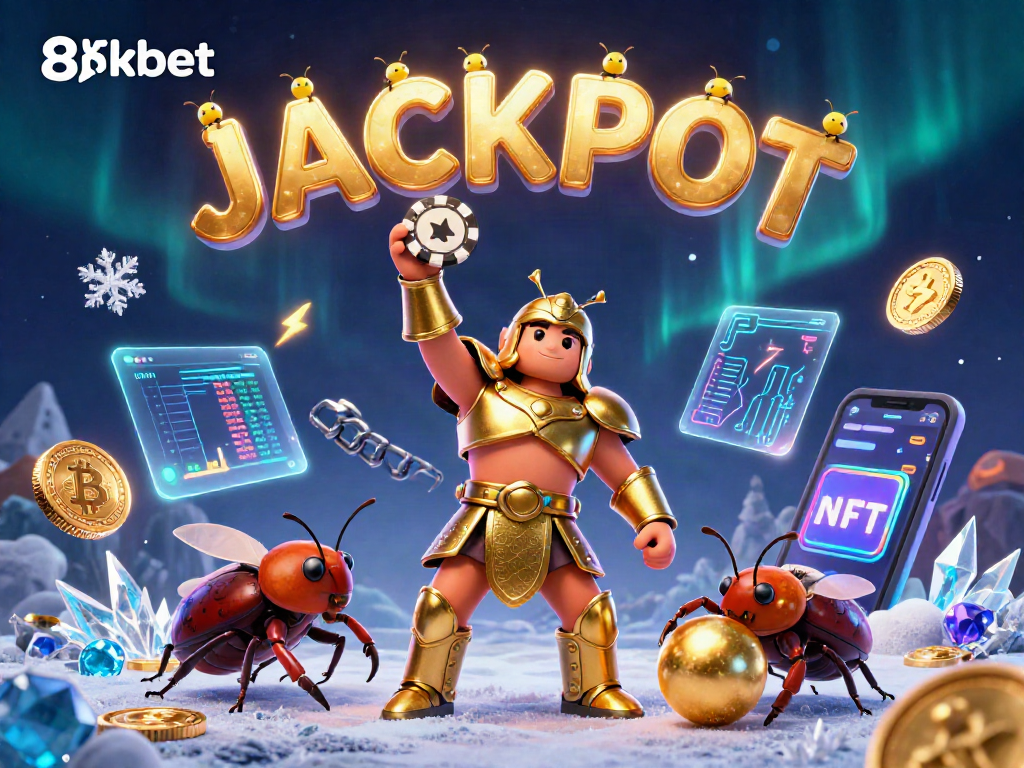 8kbet features a victorious beetle character celebrating with crypto elements and jackpot fireworks.