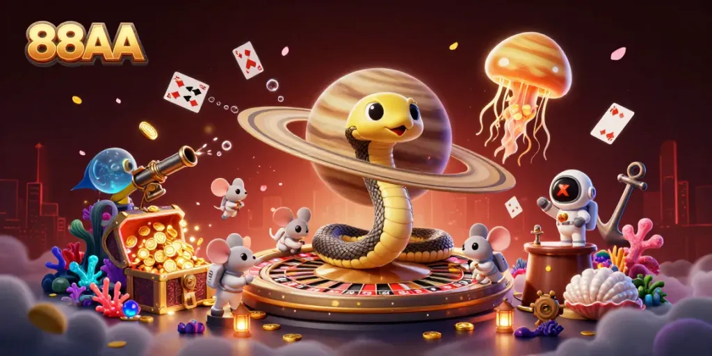Engage with 88AA's spectacular cosmic gaming experience, where 3D characters and gaming elements come together seamlessly.
