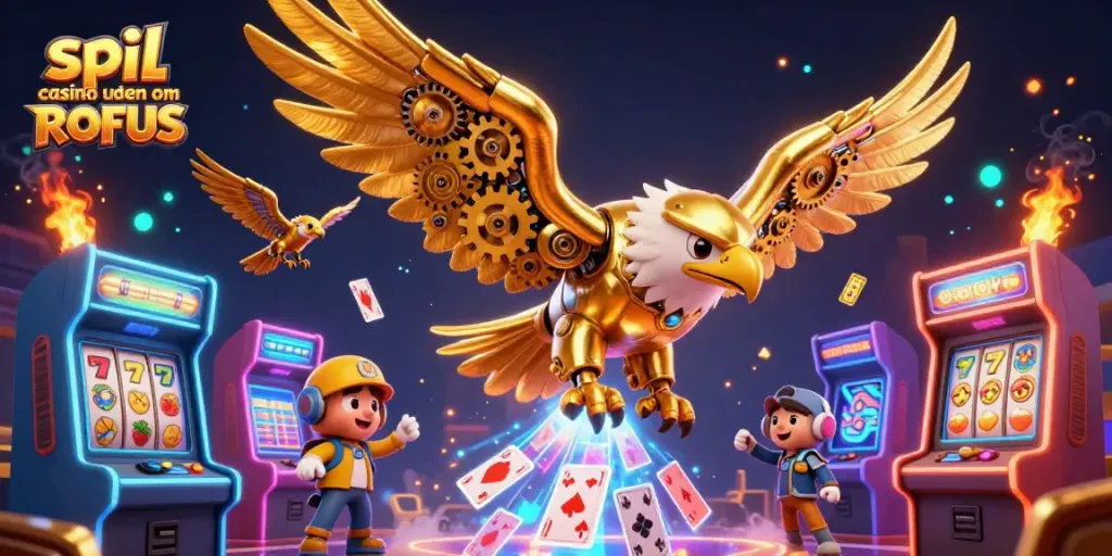 Play exciting games at spil casino uden om ROFUS with a dynamic 3D illustration featuring a golden eagle.