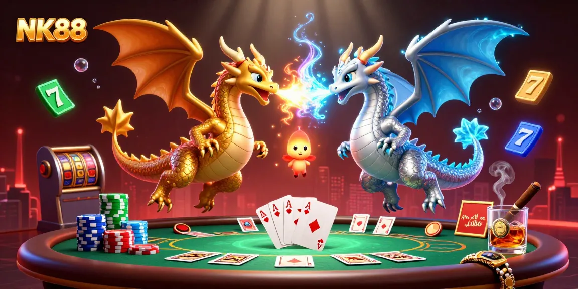 Engage in thrilling adventures at NK88 with dynamic dragons and iconic poker elements.