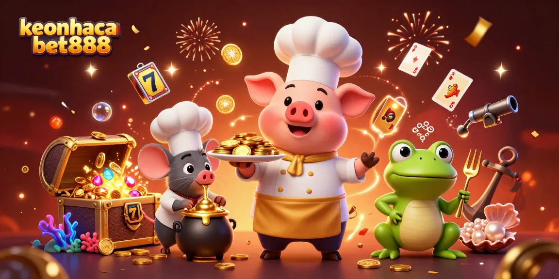 Join the excitement at keonhacaibet888 with cartoon chefs serving gold coins in a vibrant casino scene.