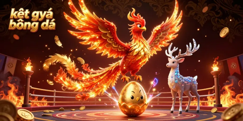 Engage with the vibrant kết quả bóng đá scene showcasing a soaring phoenix and a mystical stag in a dynamic sports betting arena.