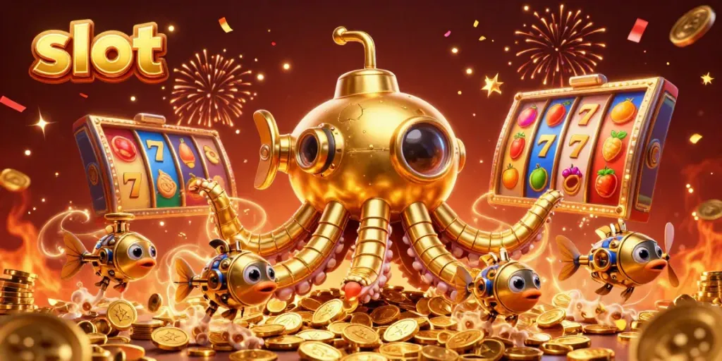Experience the thrill of slot gaming with a 3D kraken submarine layered in gold coins and lucky symbols.