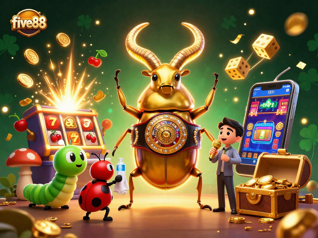Experience the excitement of five88 with a glowing golden stag beetle character in a thrilling casino scene.