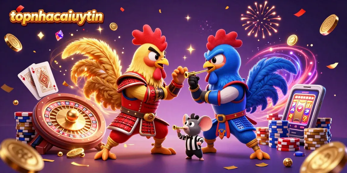 Engage with topnhacaiuytin's thrilling casino scene featuring fighting roosters and spectacular game elements.