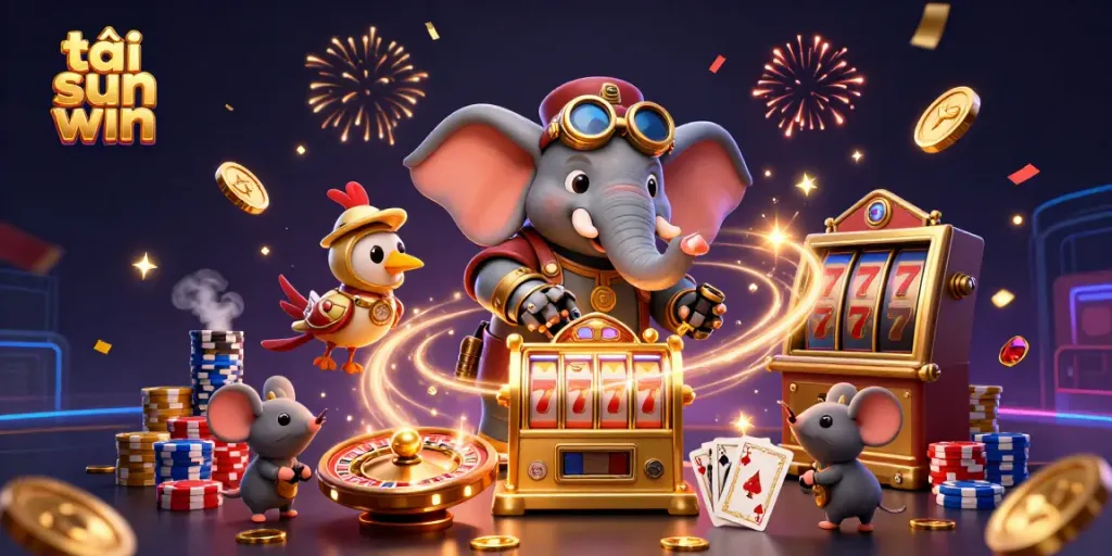 Engage in exciting gaming with tải sun win, featuring vibrant steampunk characters and dynamic casino elements.