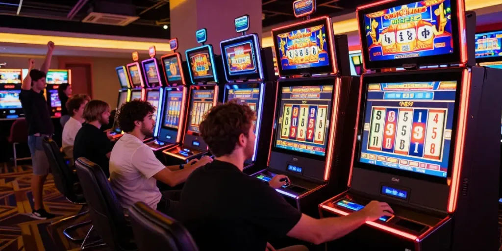 Exciting raja slot gaming experience with players immersed in vibrant machine graphics.