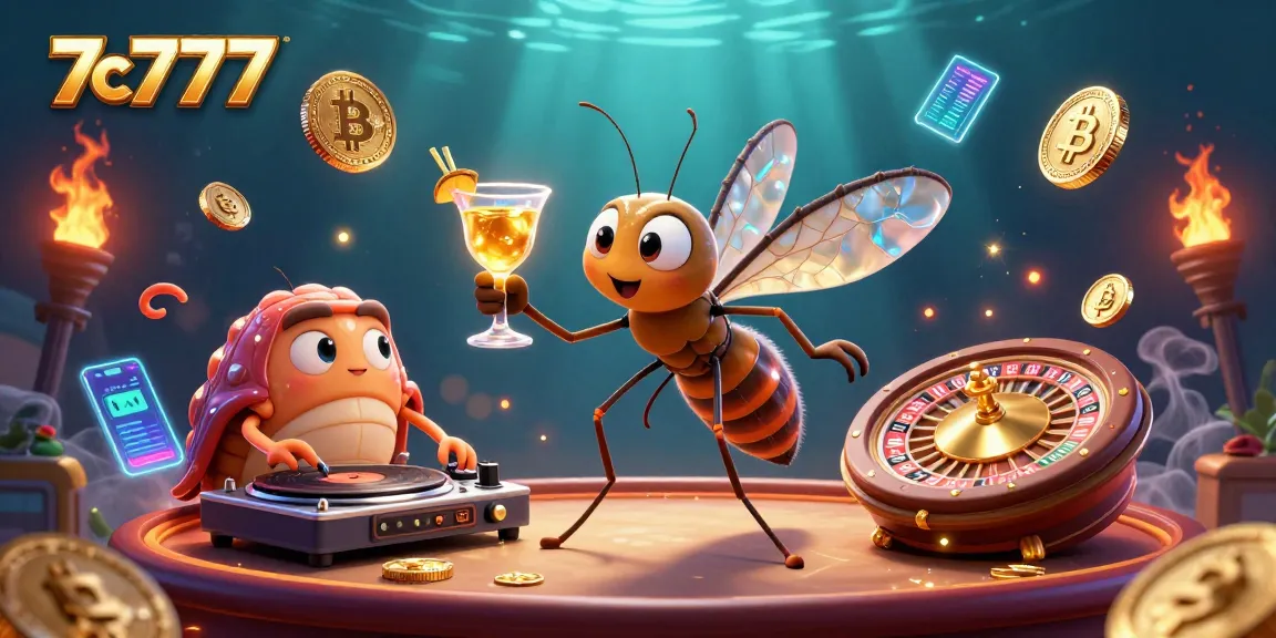 7c777 casino scene showcasing animated characters with bitcoins, cocktail, and roulette.