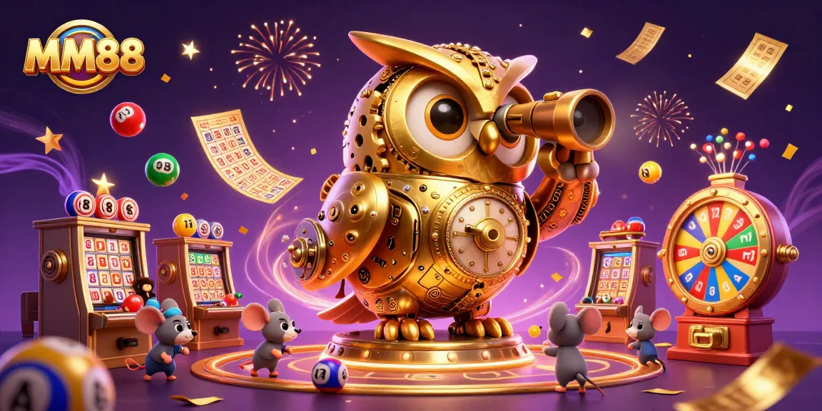 Engage with MM88's vibrant casino world featuring a whimsical clockwork owl and festive game elements.