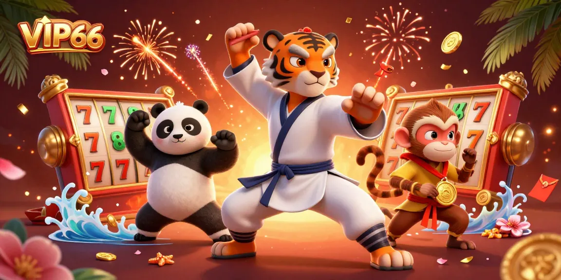 Experience thrilling gameplay at VIP66 with animated tiger and panda amidst floating slot reels and celebratory elements.