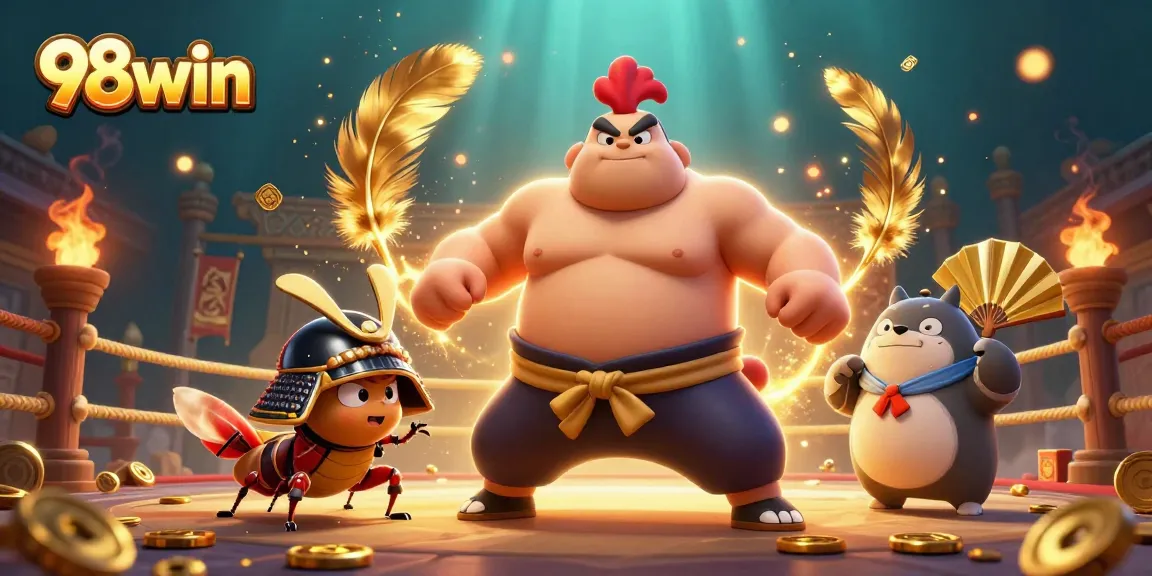 Engage with thrilling action at 98win featuring dynamic 3D sumo rooster, cricket, and tanuki characters.