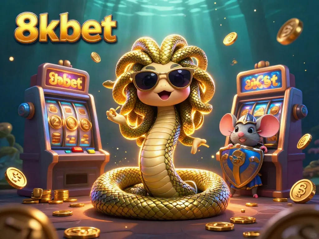 Engage with 8xbet's vibrant gaming world featuring Medusa and character elements in a dynamic casino environment.