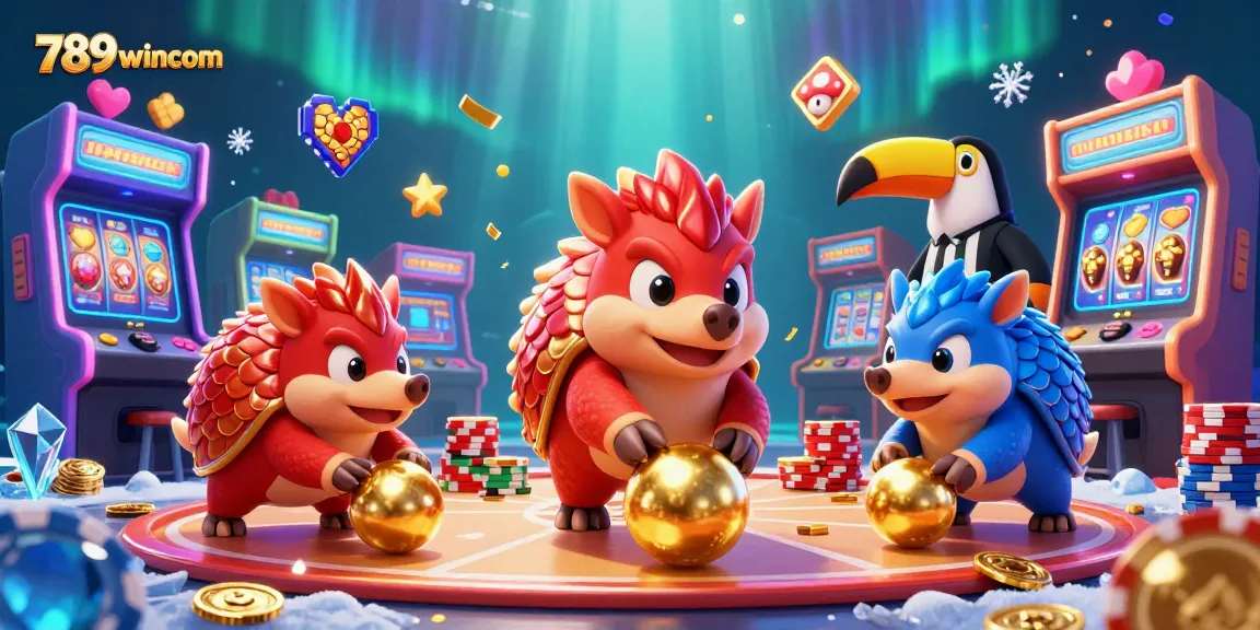 Engage with exciting gameplay visuals of 789wincom featuring rival pangolins in a vibrant casino scene.