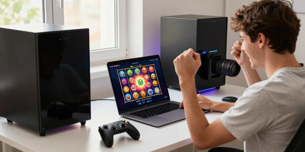Pengguna antusias bermain slot online di laptop dengan suasana modern dan pencahayaan LED.
