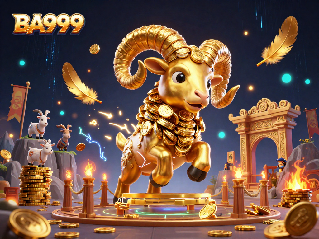 Experience thrilling action at BA999 with dynamic golden ram characters in a vibrant casino setting.