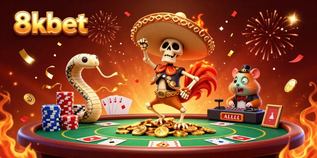 Experience the vibrant celebration of 8xbet with a cartoon skeleton mariachi and friends, surrounded by poker action.